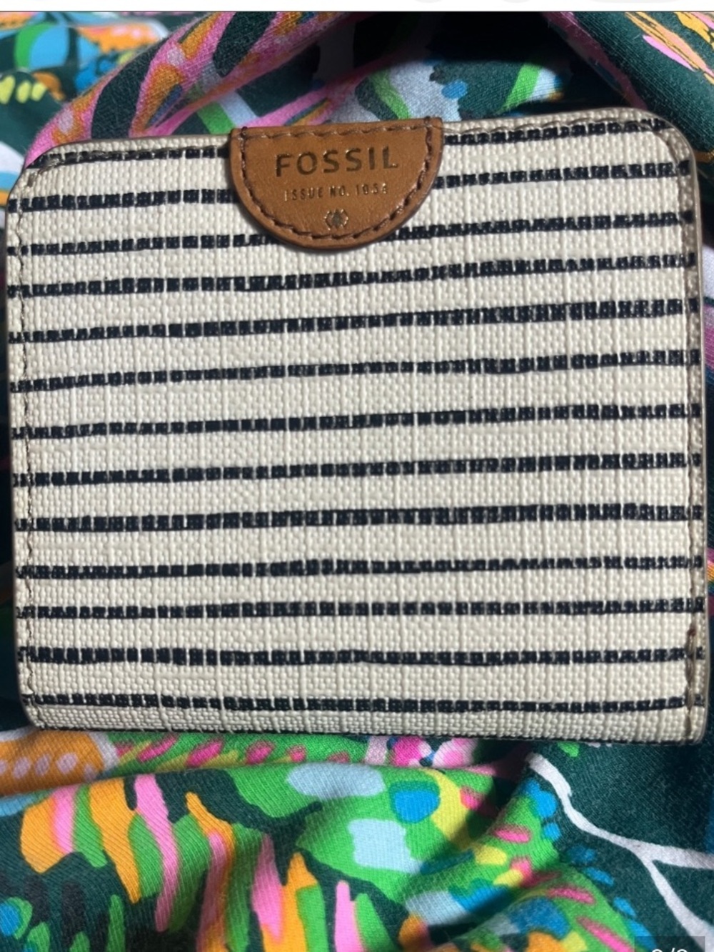 Fossil Black and Cream Striped Wallet with Tan Leather Tab